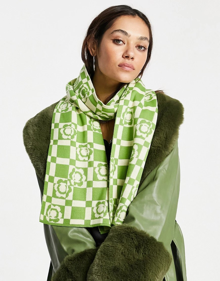 ASOS DESIGN – Jacquard-Schal mit floralem Schachbrettmuster in Grün und Wei günstig online kaufen