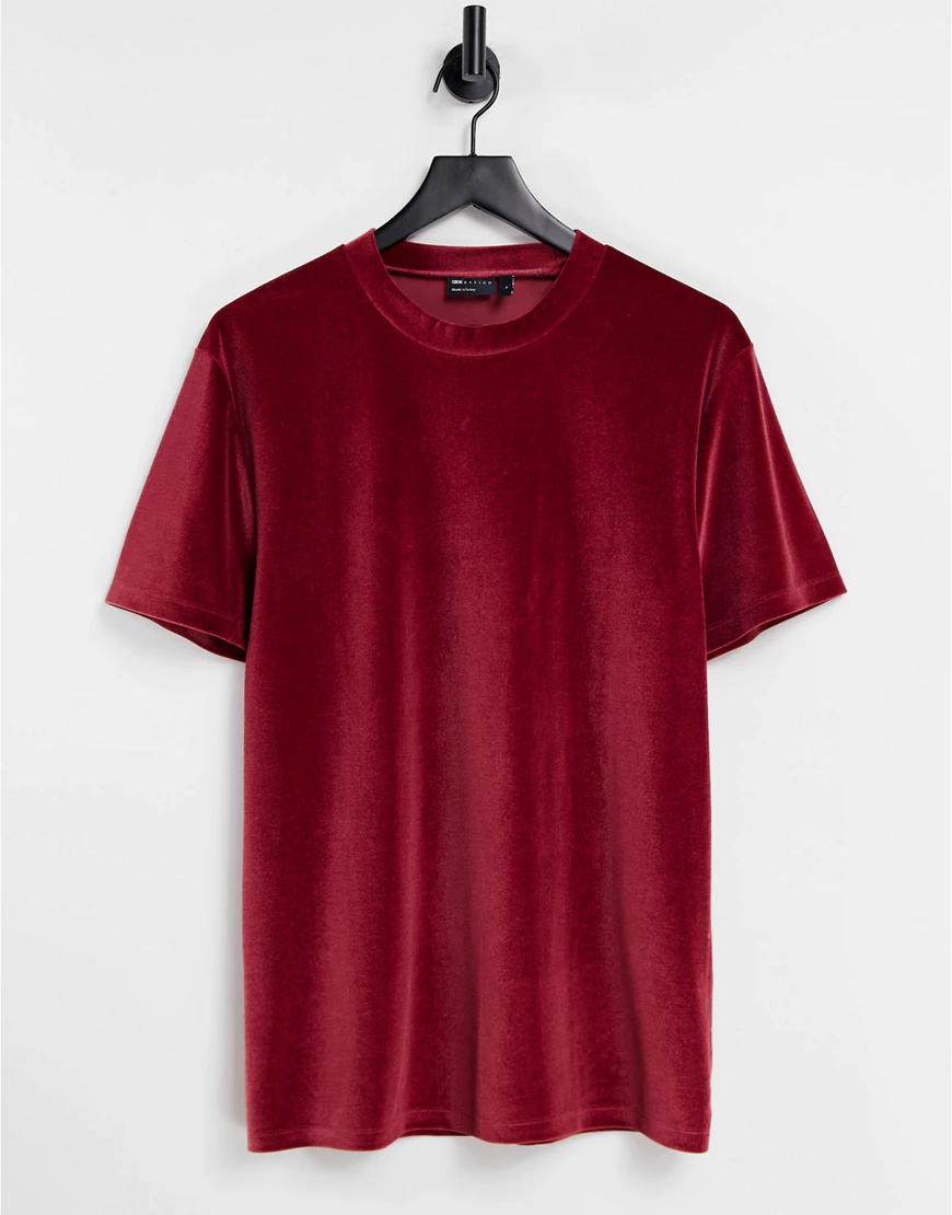 ASOS DESIGN – T-Shirt aus Velours in Burgunderrot günstig online kaufen