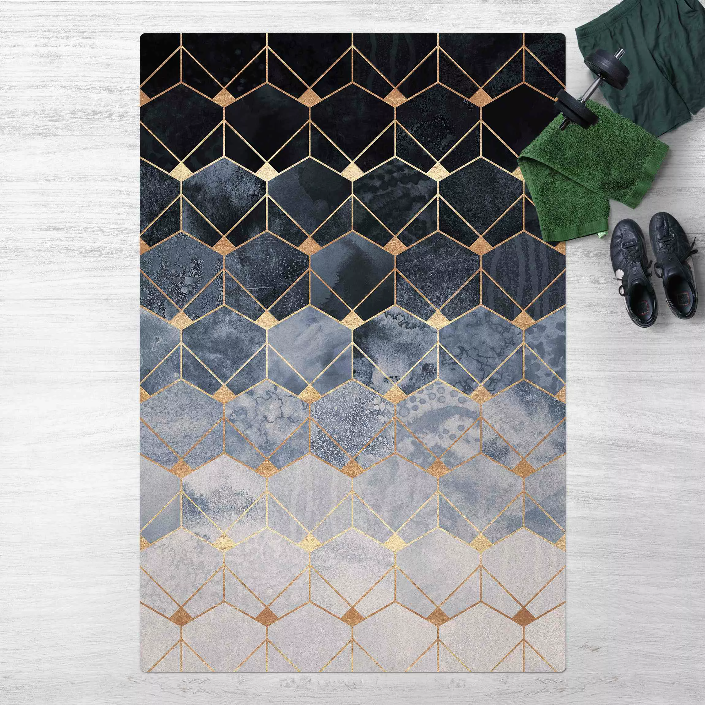 Kork-Teppich Blaue Geometrie goldenes Art Deco günstig online kaufen