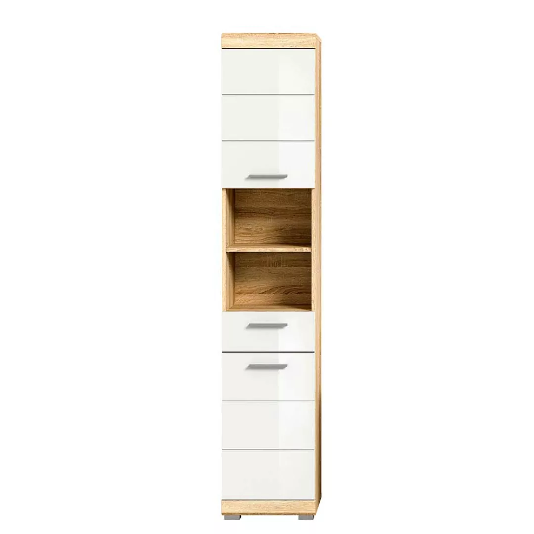 Badezimmerhochschrank modern in Weiß Hochglanz Sonoma-Eiche günstig online kaufen