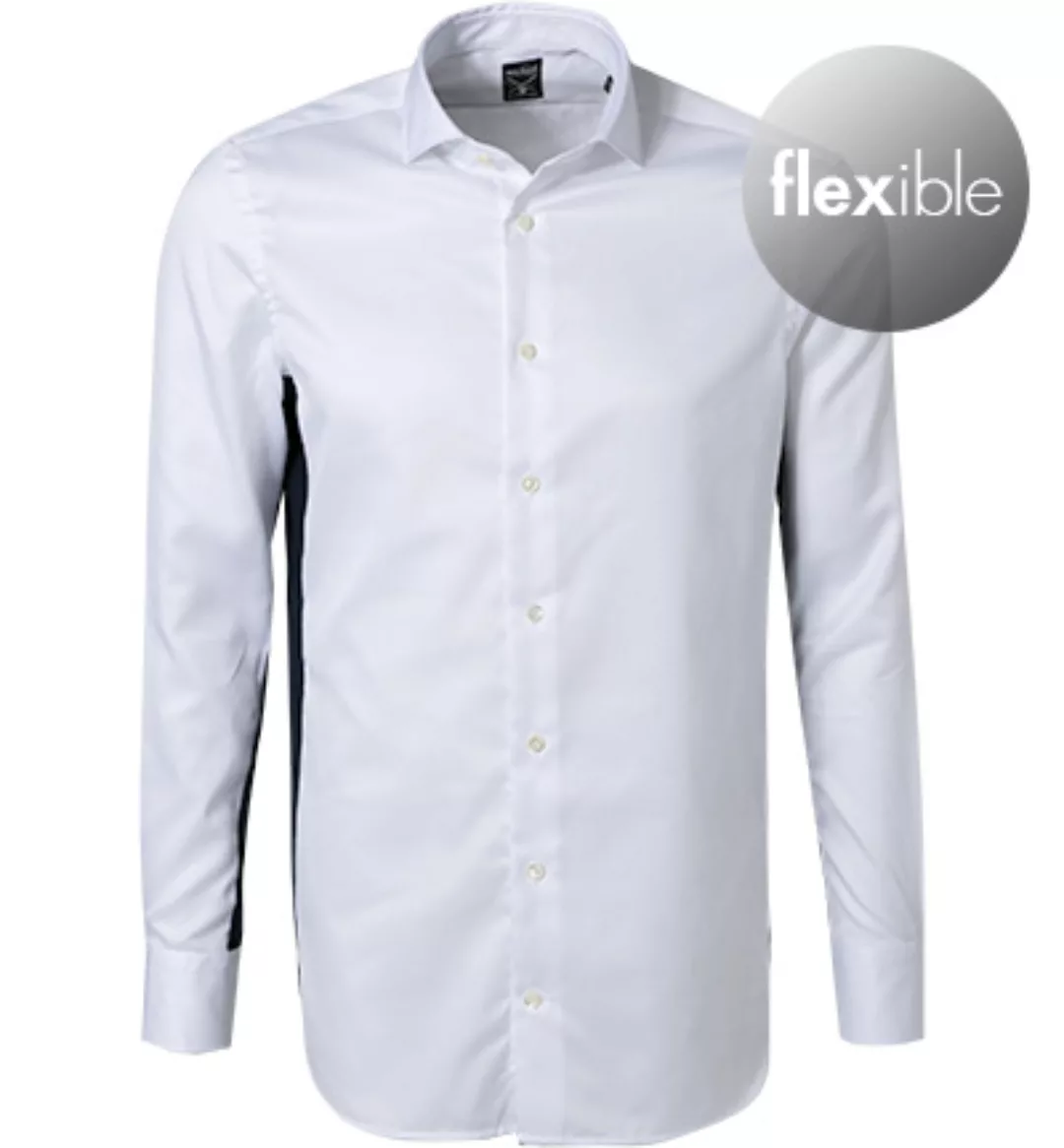 Büglfreies Hybridshirt mit Dunkelblauem Jerseyeinsatz Slim Fit weiß günstig online kaufen