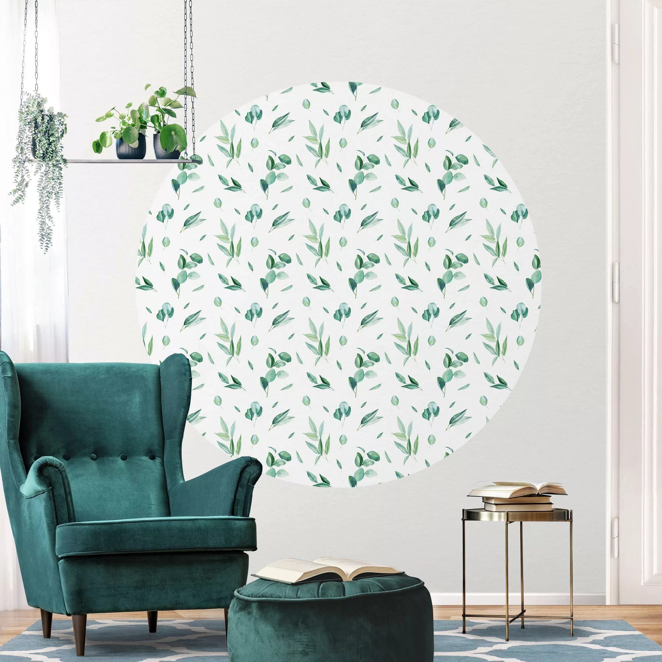 Runde Tapete selbstklebend Aquarell Muster Blätter und Eukalyptus günstig online kaufen