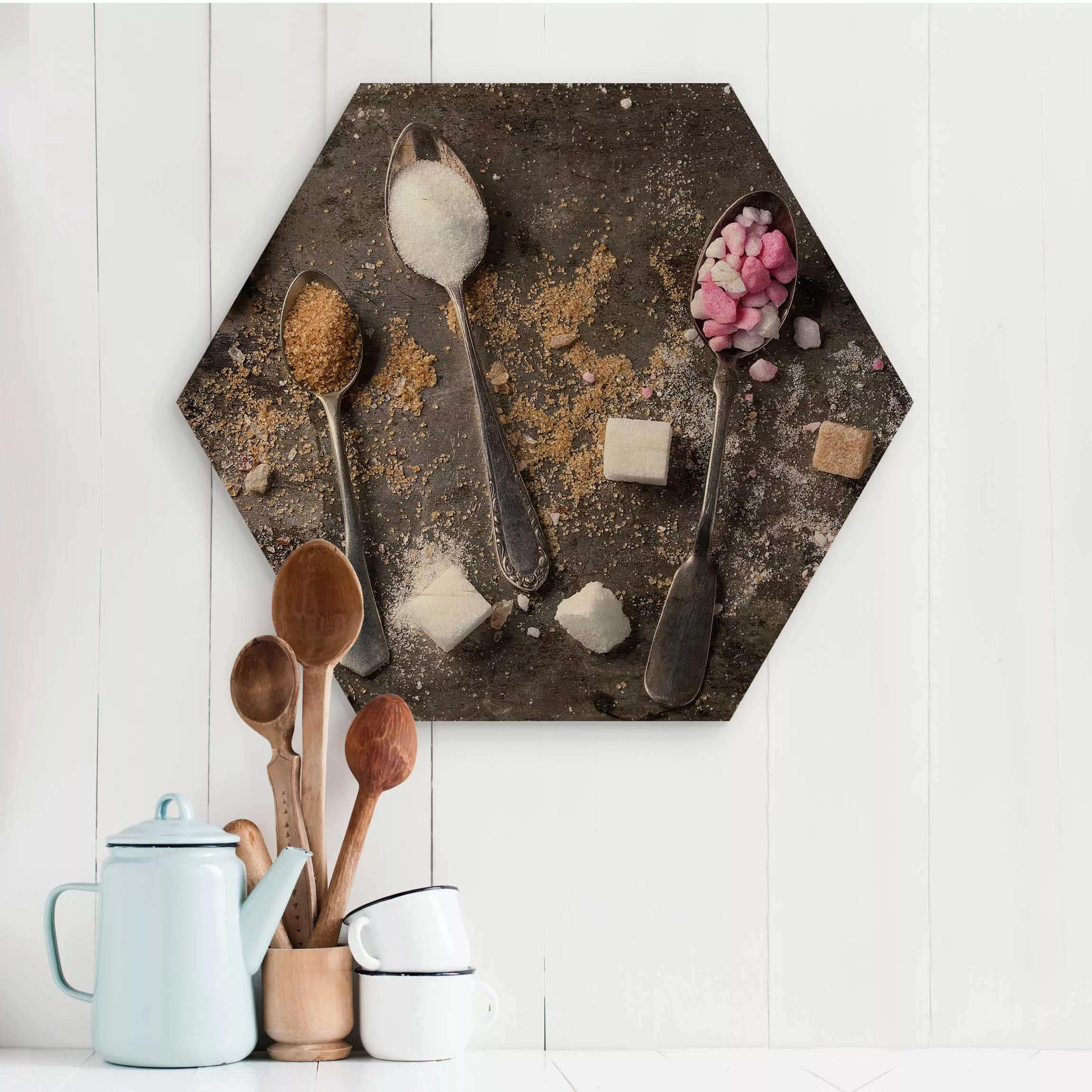 Hexagon-Holzbild Küche Vintage Löffel mit Zucker günstig online kaufen