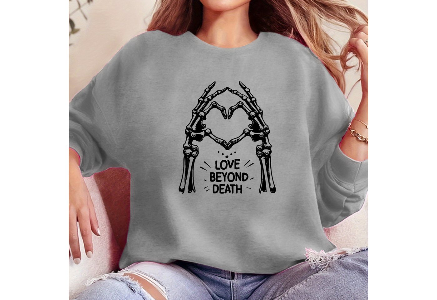 PYL Sweatshirt Damen Halloween Loose FleecePullover mit Skeletthand Druck günstig online kaufen