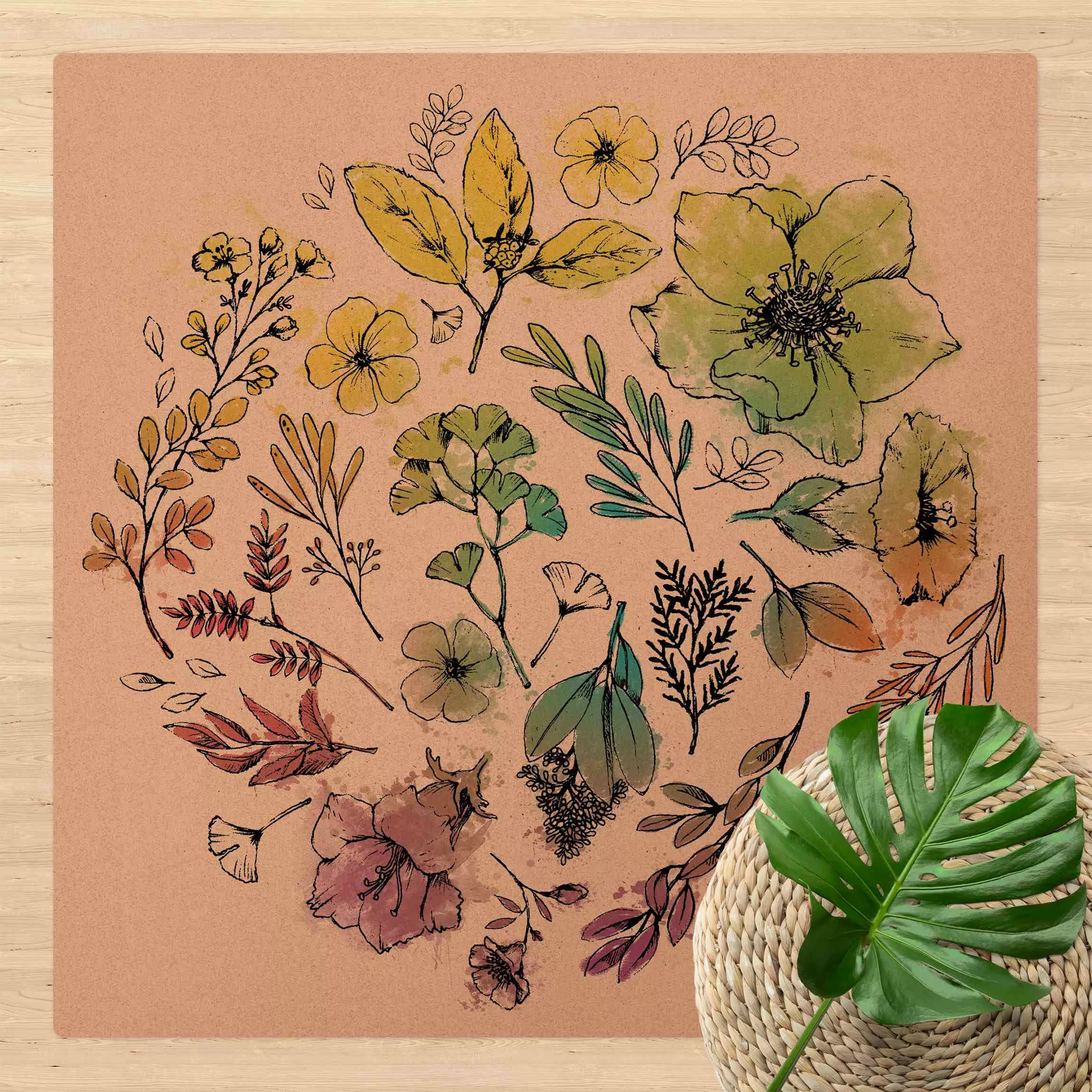 Kork-Teppich Gezeichnetes florales Regenbogenaquarell günstig online kaufen