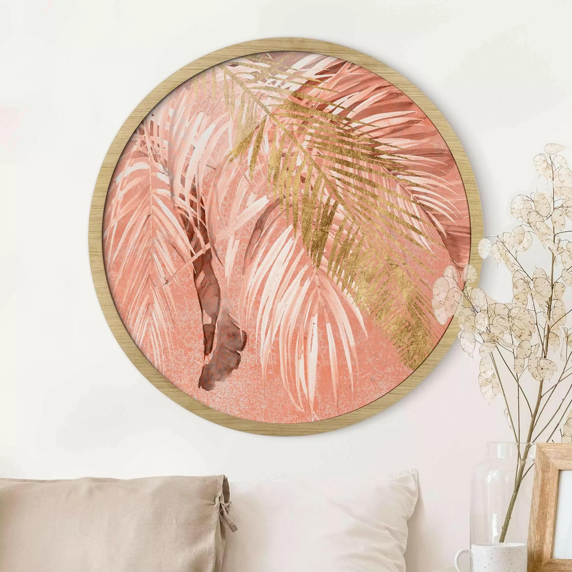 Rundes Gerahmtes Bild Palmenblätter Rosa und Gold II günstig online kaufen