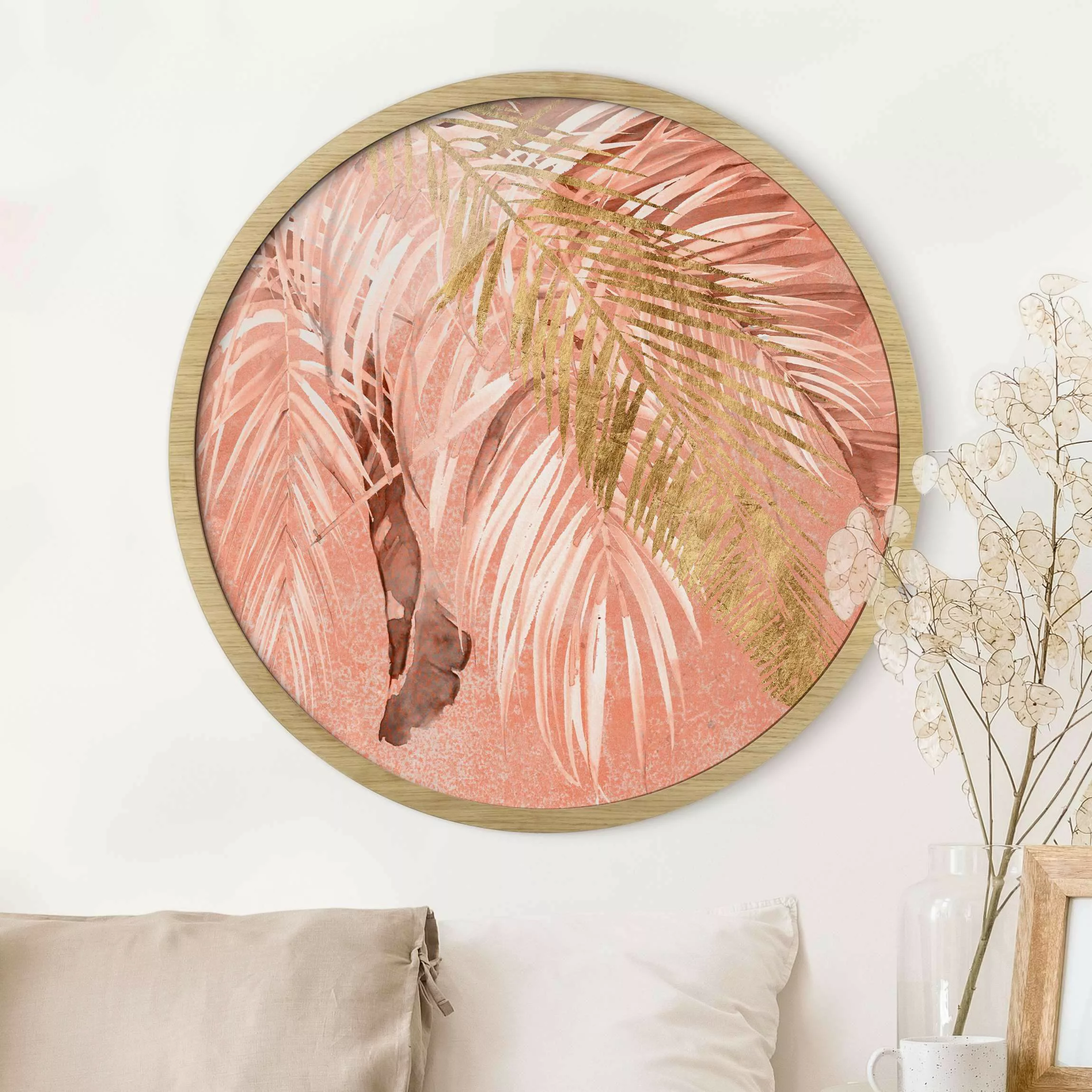 Rundes Bild mit Rahmen Palmenblätter Rosa und Gold II günstig online kaufen