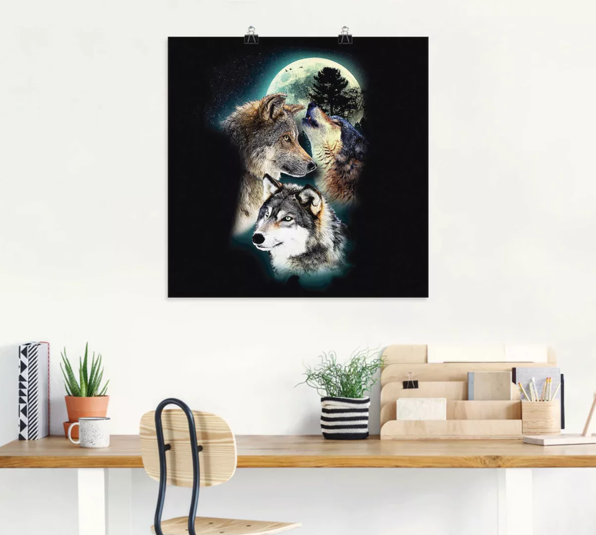 Artland Wandbild "Phantasie Wolf Wölfe mit Mond", Wildtiere, (1 St.), als L günstig online kaufen