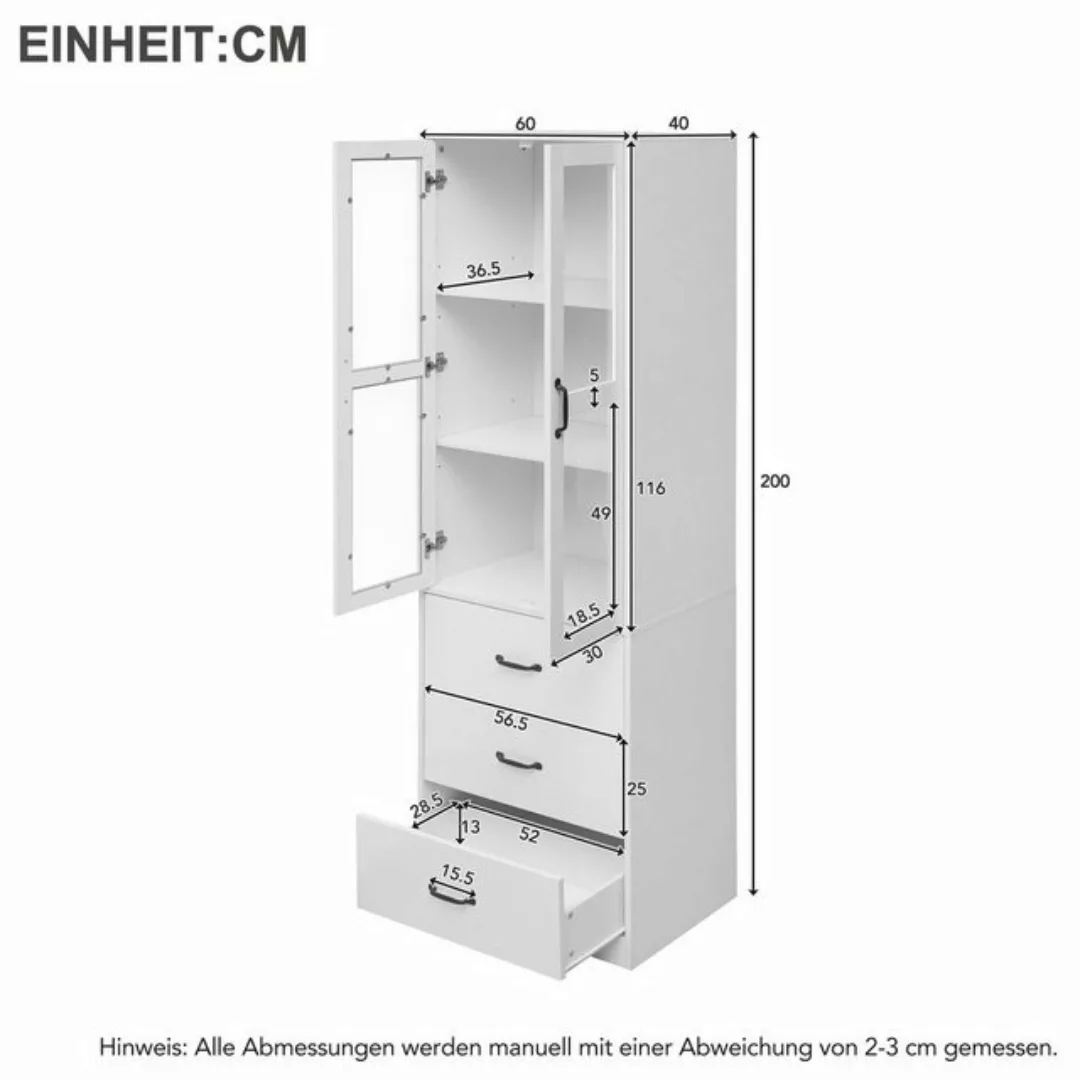 Odikalo Standvitrine Stauraumvitrine 200 cm 3 Schubladen 2 Trennwänden 2 Gl günstig online kaufen