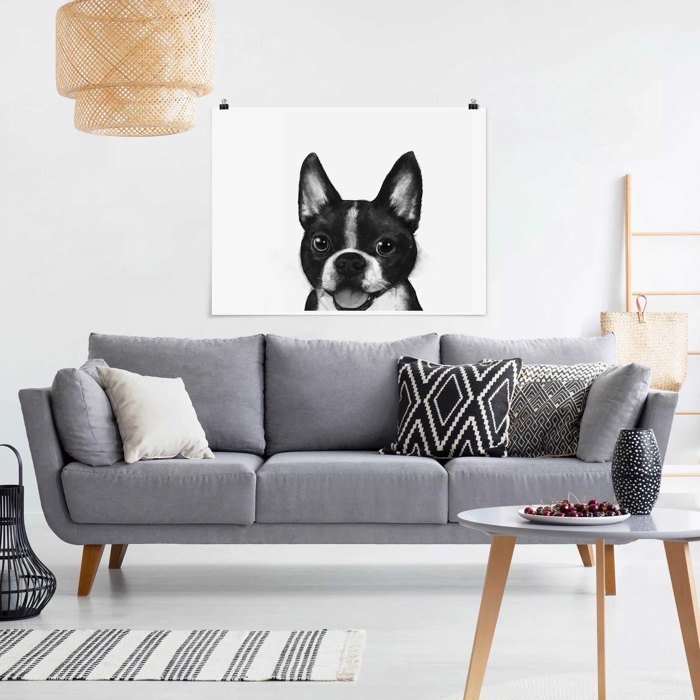 Poster Tiere - Querformat Illustration Hund Boston Schwarz Weiß Malerei günstig online kaufen