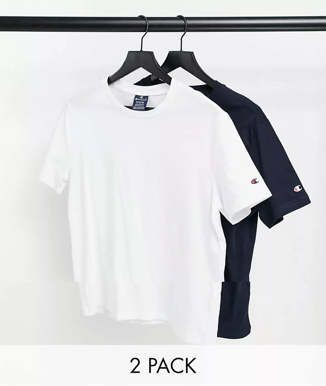 Champion – 2er-Pack T-Shirts in Weiß mit Marineblau mit kleinem Logo-Mehrfa günstig online kaufen