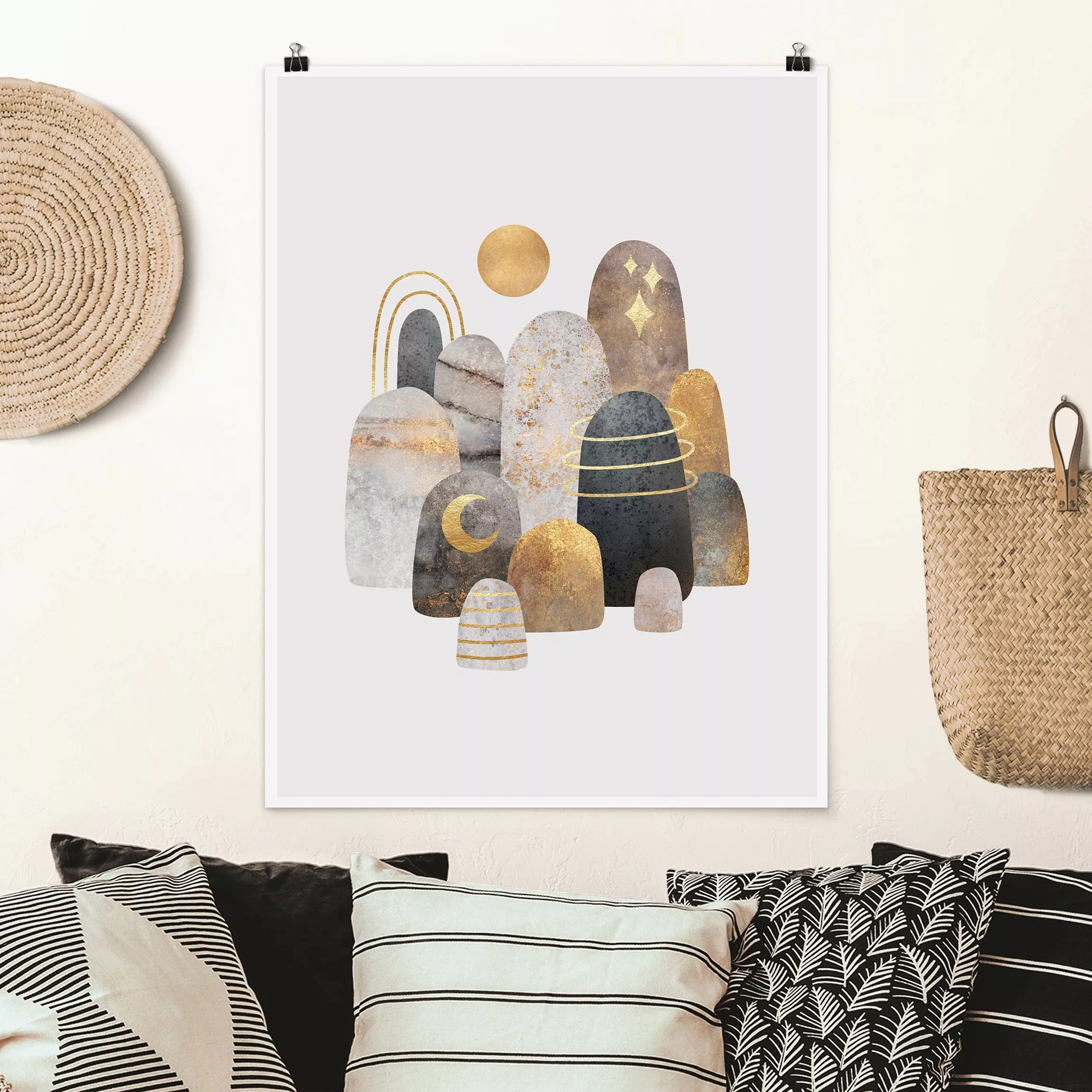 Poster Gold Berge mit Mond günstig online kaufen