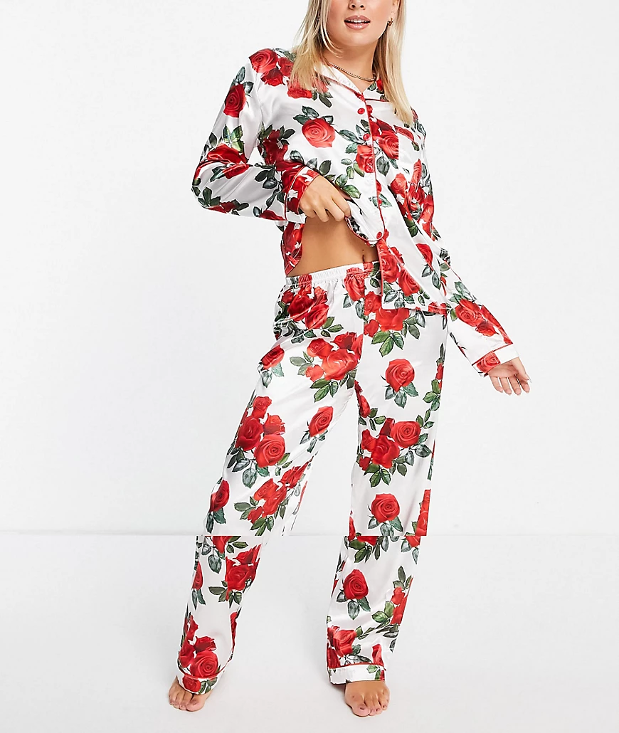 Night – Satin-Pyjama mit Rosenmuster-Weiß günstig online kaufen