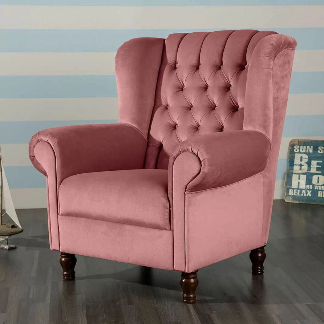 Samt Wohnzimmersessel rosa mit Federkern Polsterung Chesterfield Look günstig online kaufen