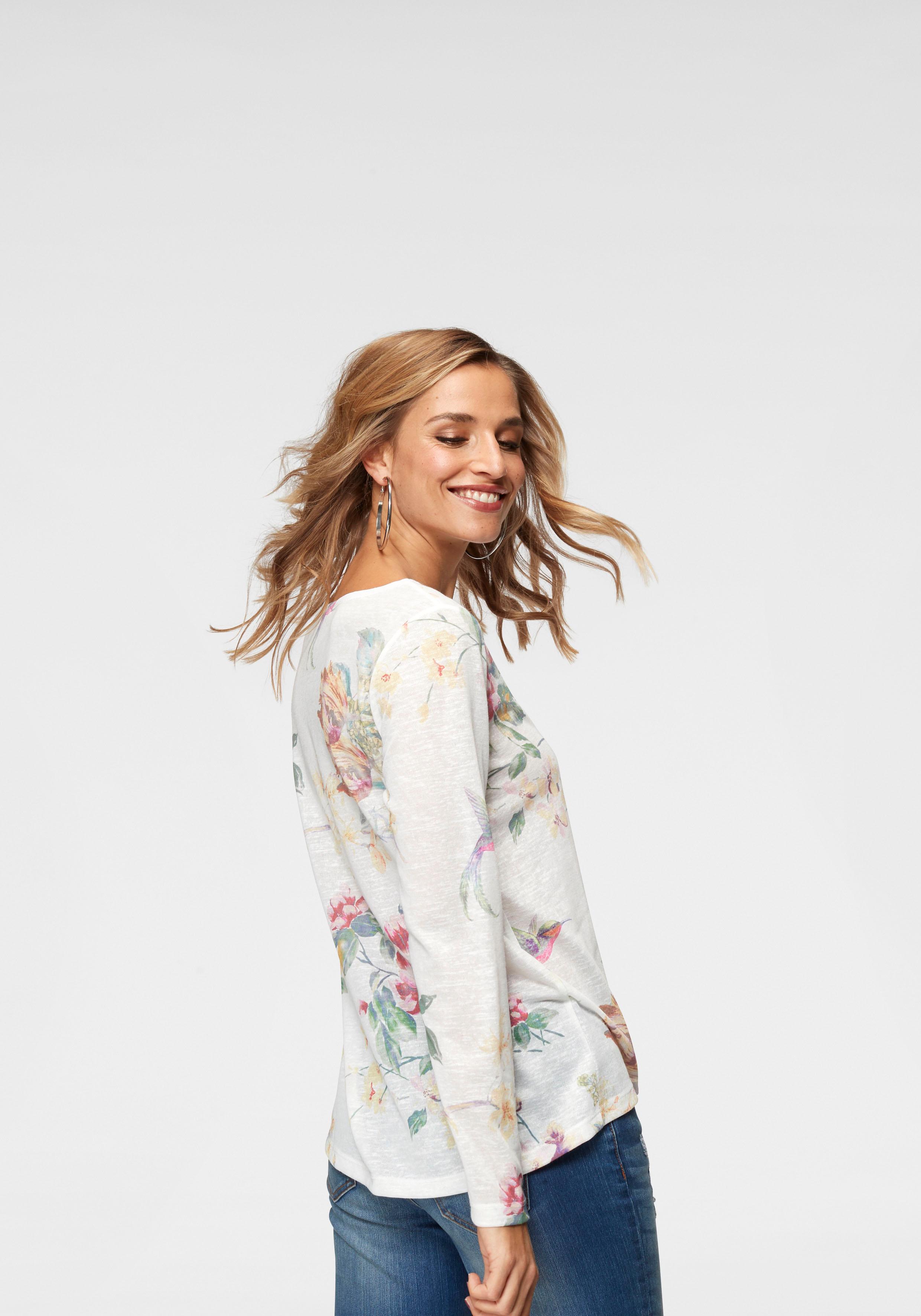 Aniston CASUAL Langarmshirt mit großflächigem Blumendruck und Vögeln günstig online kaufen