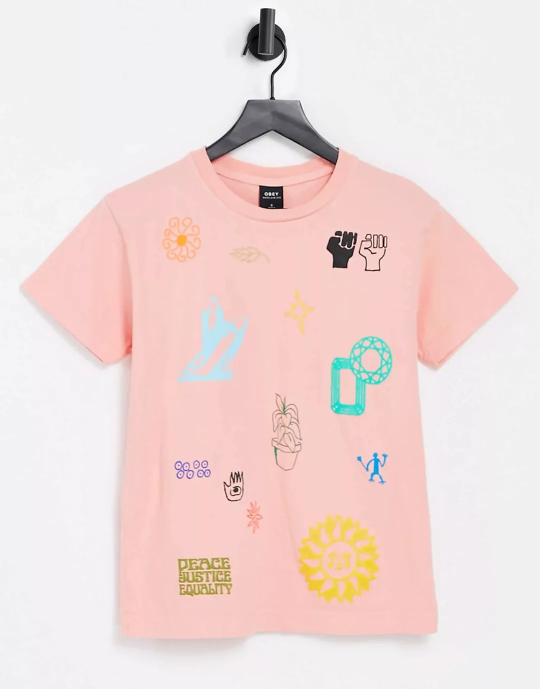 Obey – Lässig geschnittenes T-Shirt mit „Love and Peace“-Prints-Rosa günstig online kaufen