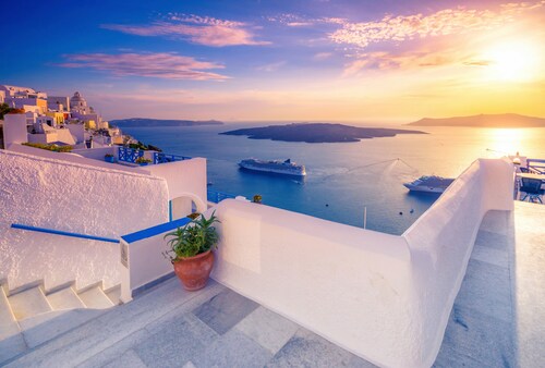 Papermoon Fototapete »TERRASSE-SANTORINI SEE MEER STRAND PALMEN DÜNEN SCHIF günstig online kaufen