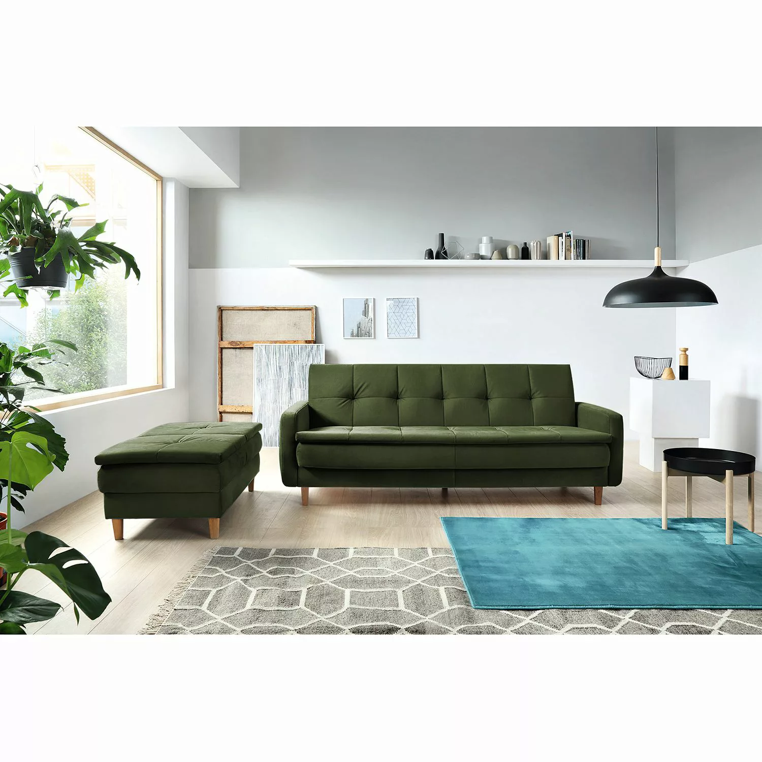home24 loftscape Schlafsofa Pabna Dunkelgrün Samt 218x84x115 cm mit Hocker günstig online kaufen