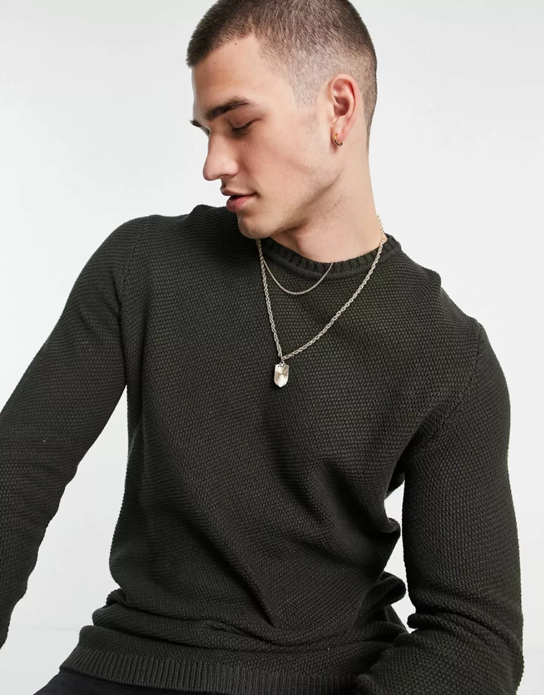 Only & Sons – Strukturierter Pullover in Khaki mit Rundhalsausschnitt-Grün günstig online kaufen