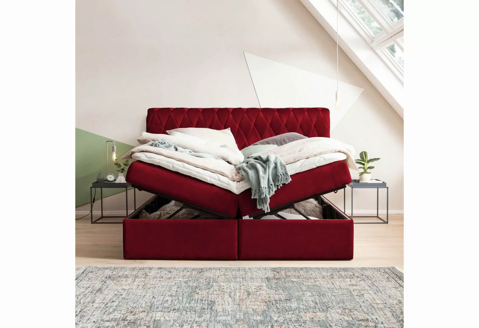 BettCo Stauraumbett Boxspringbett mit Bettkasten Lyon (in Rot Samt, 180 x 2 günstig online kaufen