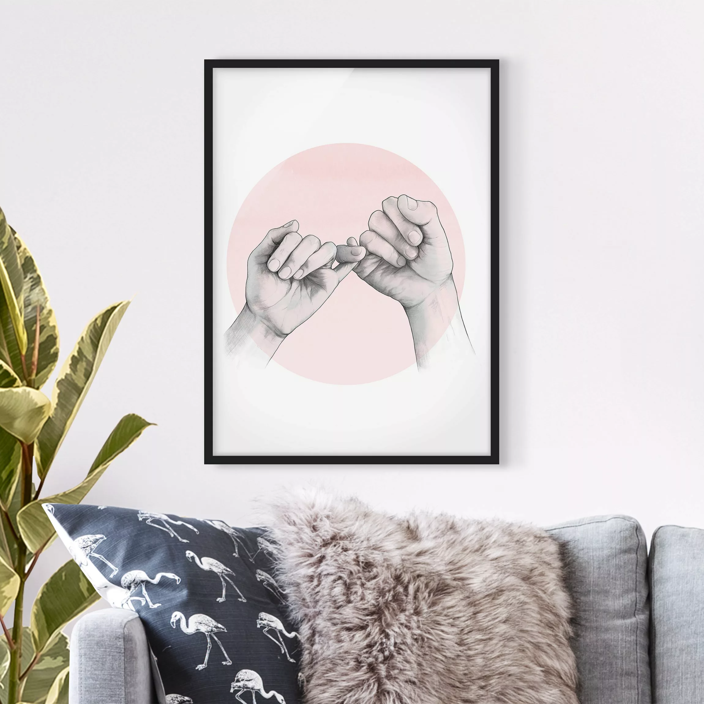 Bild mit Rahmen - Hochformat Illustration Hände Freundschaft Kreis Rosa Wei günstig online kaufen