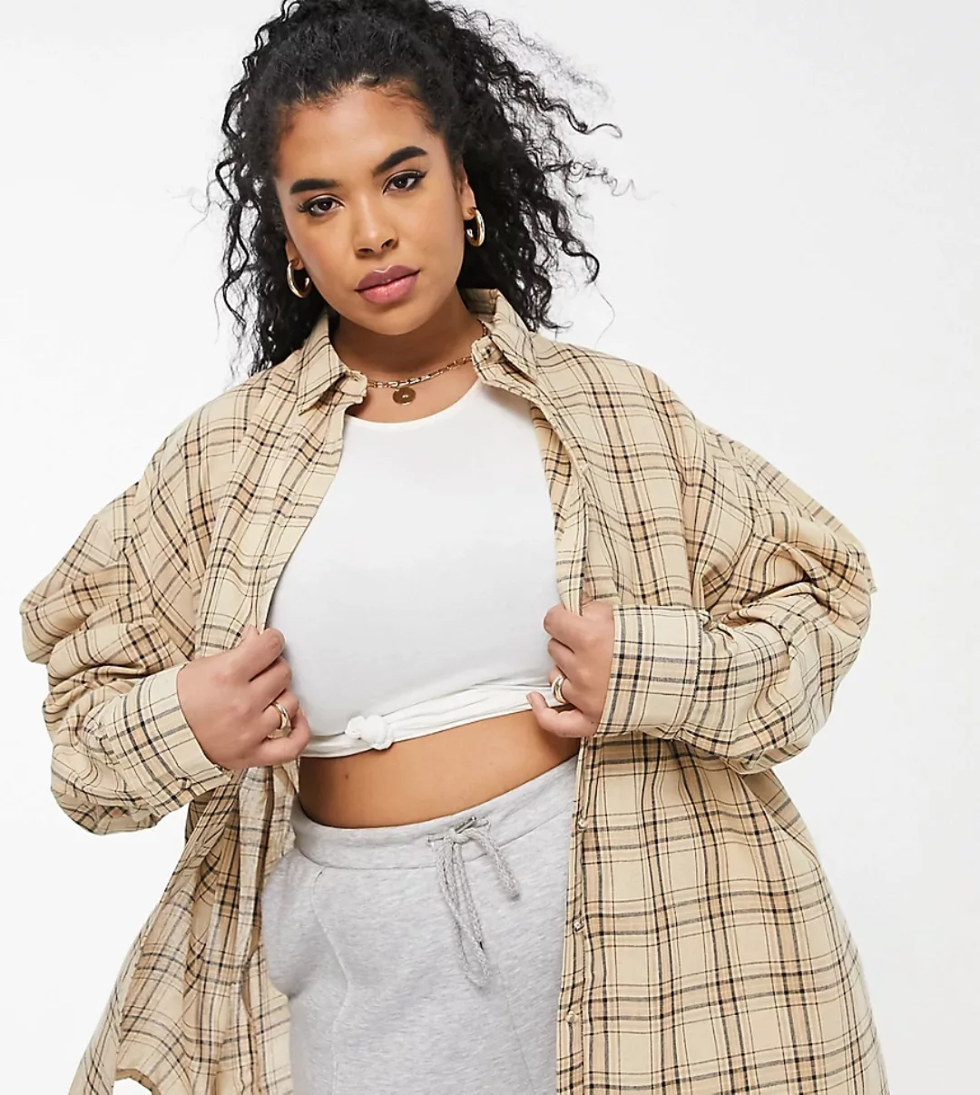 Missguided Plus – Kariertes Oversize-Popline-Hemd mit voluminösen Ärmeln in günstig online kaufen