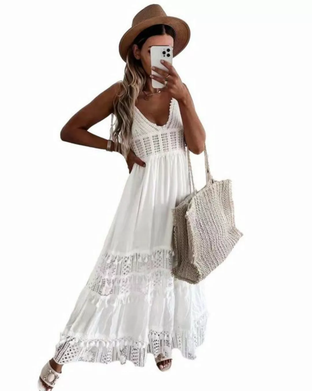 ZWY Dirndl Lässiges, ärmelloses langes Kleid mit Spitzeneinsatz günstig online kaufen