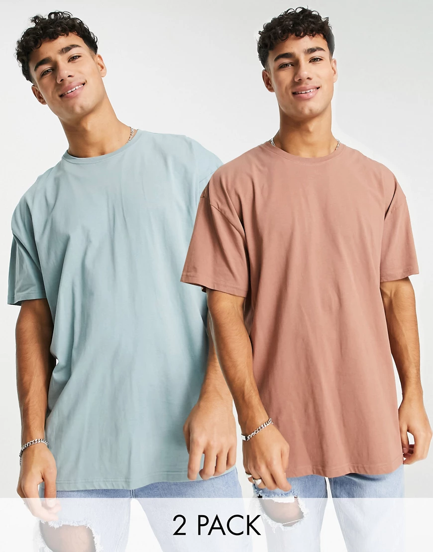 Threadbare – Oversize-T-Shirt im 2er-Pack in Cognac und Rauchblau günstig online kaufen