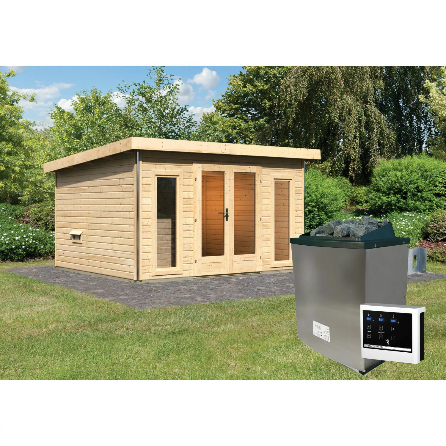 Karibu Saunahaus Magnus 2 Naturbelassen mit Ofen 9 kW Ext. Strg. günstig online kaufen