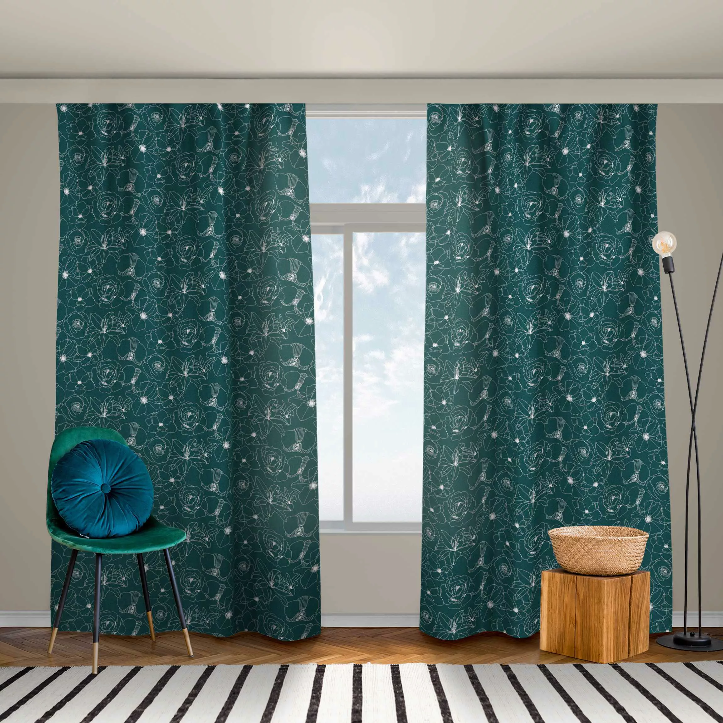 Vorhang Outline Blüten Muster - Dunkle Jade günstig online kaufen