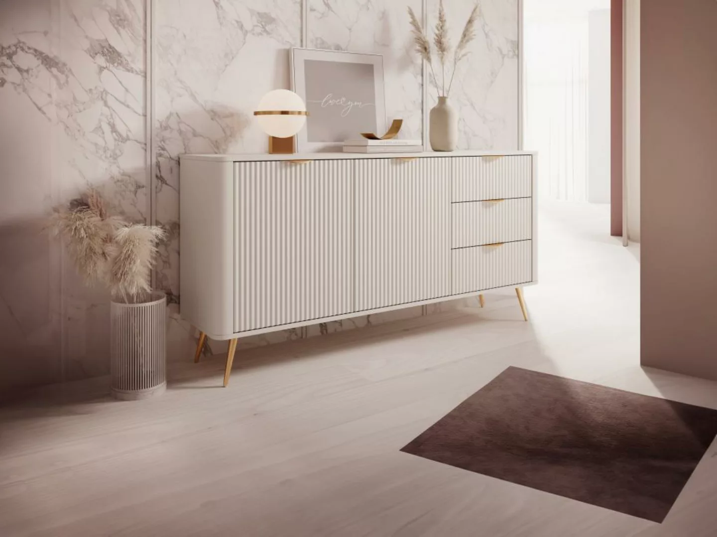 Sideboard mit 2 Türen & 3 Schubladen - MDF - Beige & Goldfarben - ELONARIA günstig online kaufen