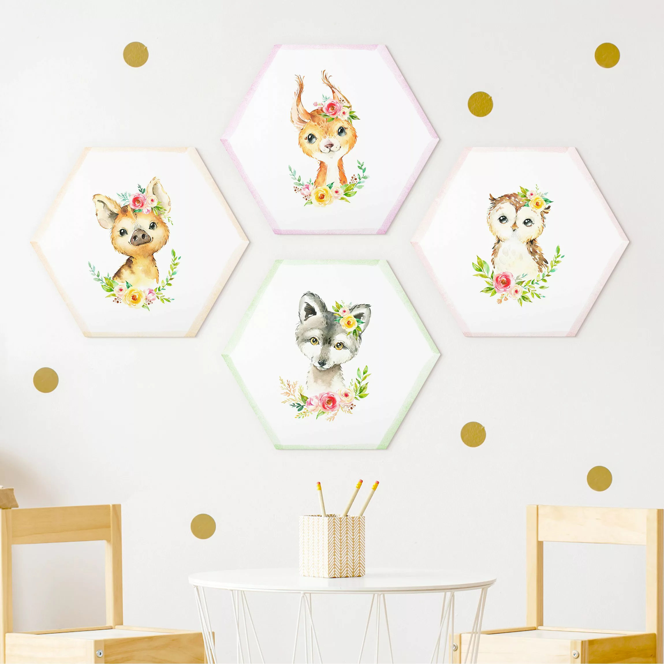 4-teiliges Hexagon-Alu-Dibond Bild Aquarell Waldtiere mit Blumen Set IV günstig online kaufen