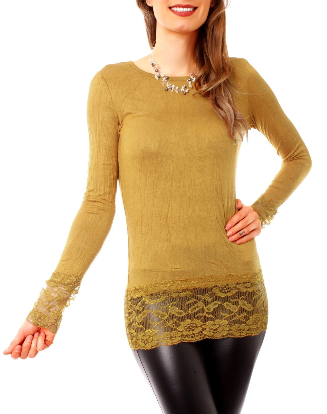Muse Rundhalsshirt Langarm Longshirt mit Spitzensaum günstig online kaufen