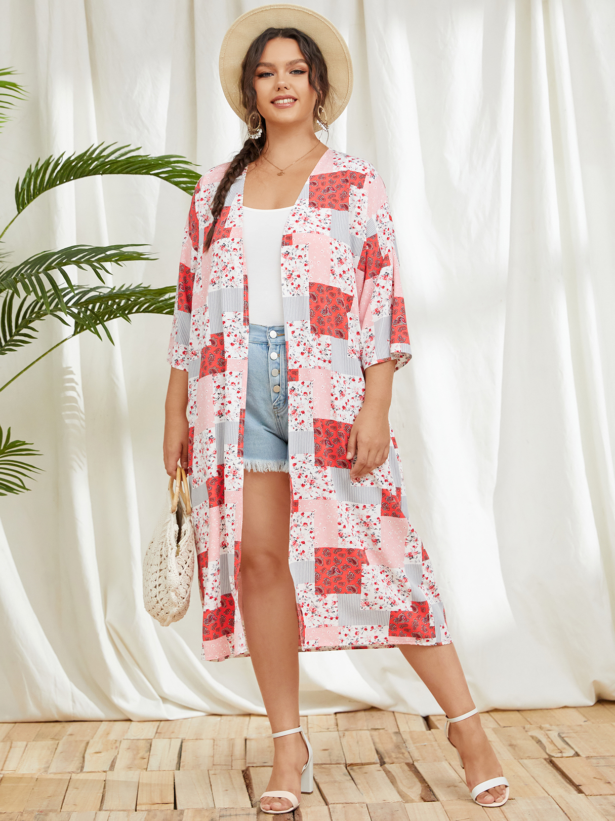 YOINS Plus Size Schal Print 3/4 Ärmel Kimono günstig online kaufen