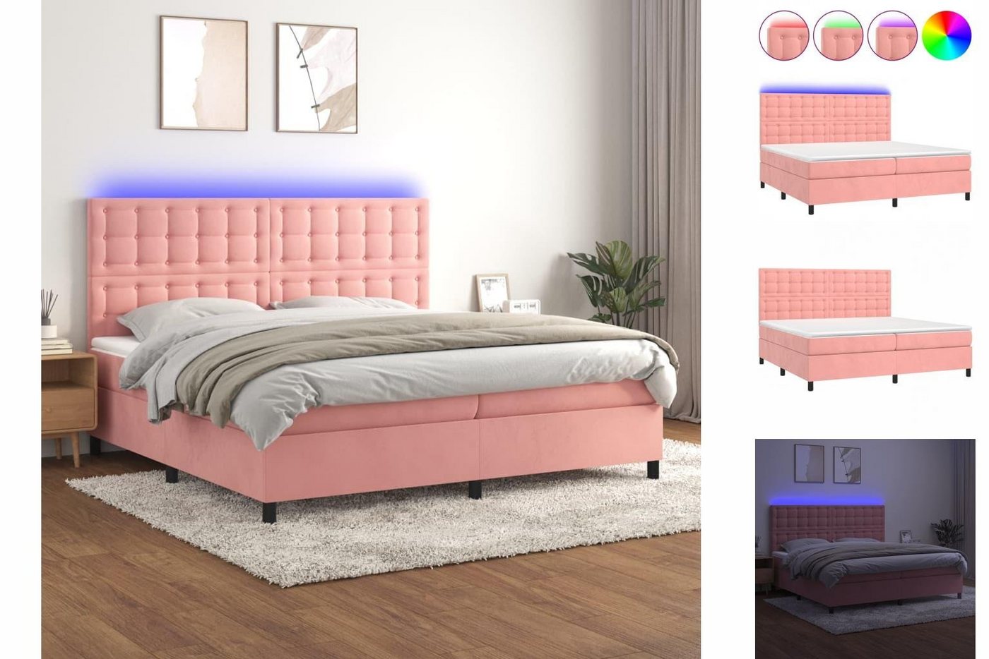 vidaXL Bettgestell Boxspringbett mit Matratze LED Rosa 200x200 cm Samt Bett günstig online kaufen