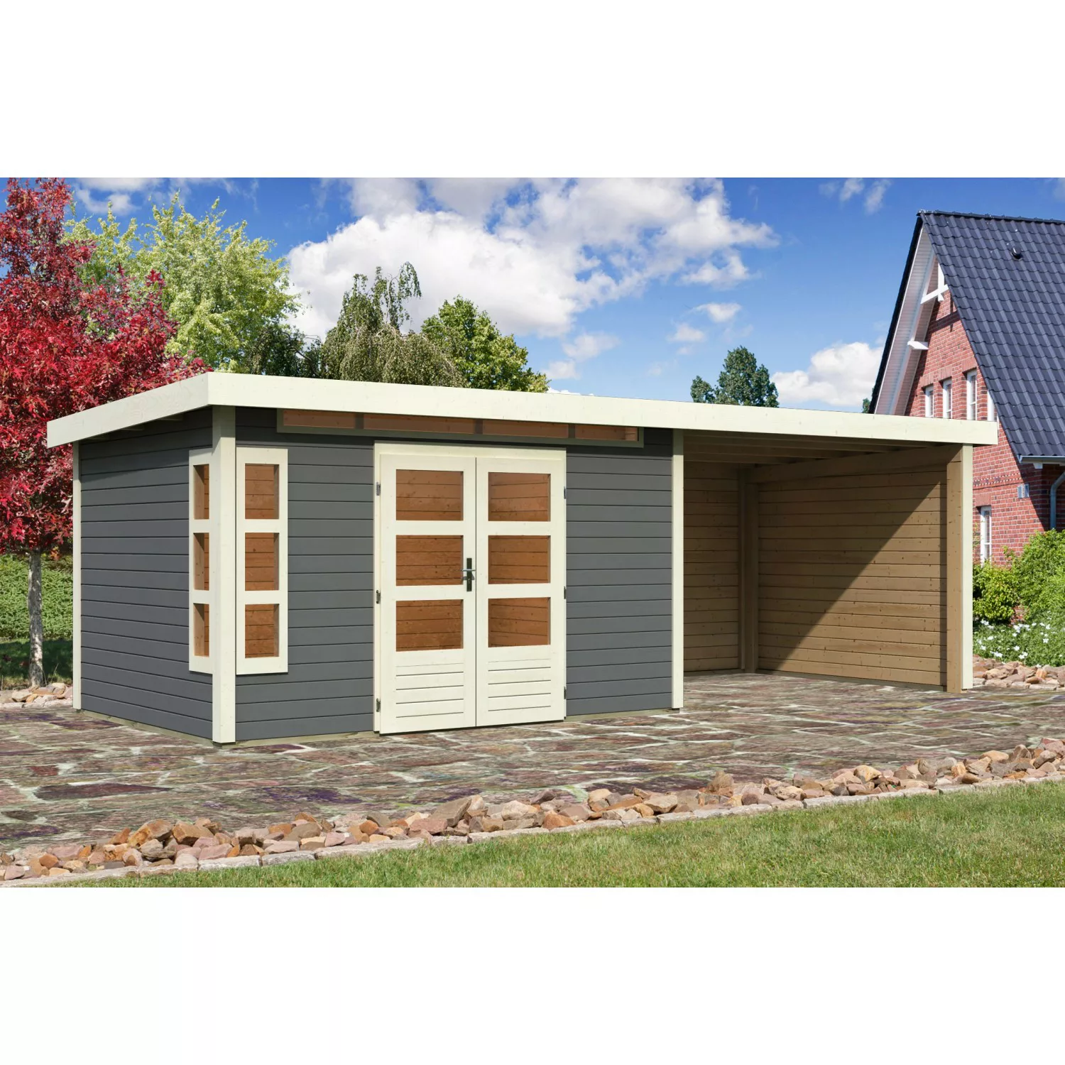 Karibu Holz-Gartenhaus/Gerätehaus Kastberg Terragrau Flachdach Lackiert 360 günstig online kaufen