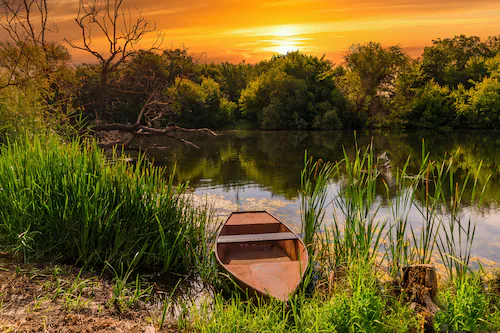 Papermoon Fototapete »STRAND-SEE BOOT WALD SONNENUNTERGANG BÄUME FLUSS IDYL günstig online kaufen