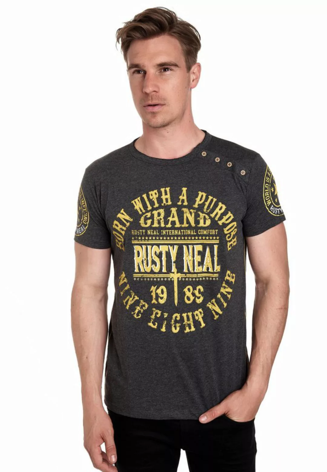 Rusty Neal T-Shirt mit seitlicher Knopfleiste günstig online kaufen