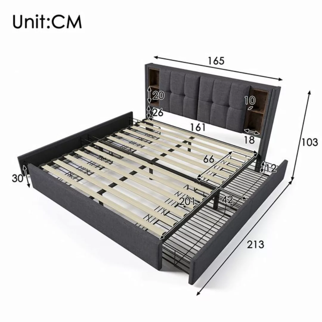 Sweiko Polsterbett Doppelbett mit Kabellosem Laden USB C& 4 Schubladen, (La günstig online kaufen