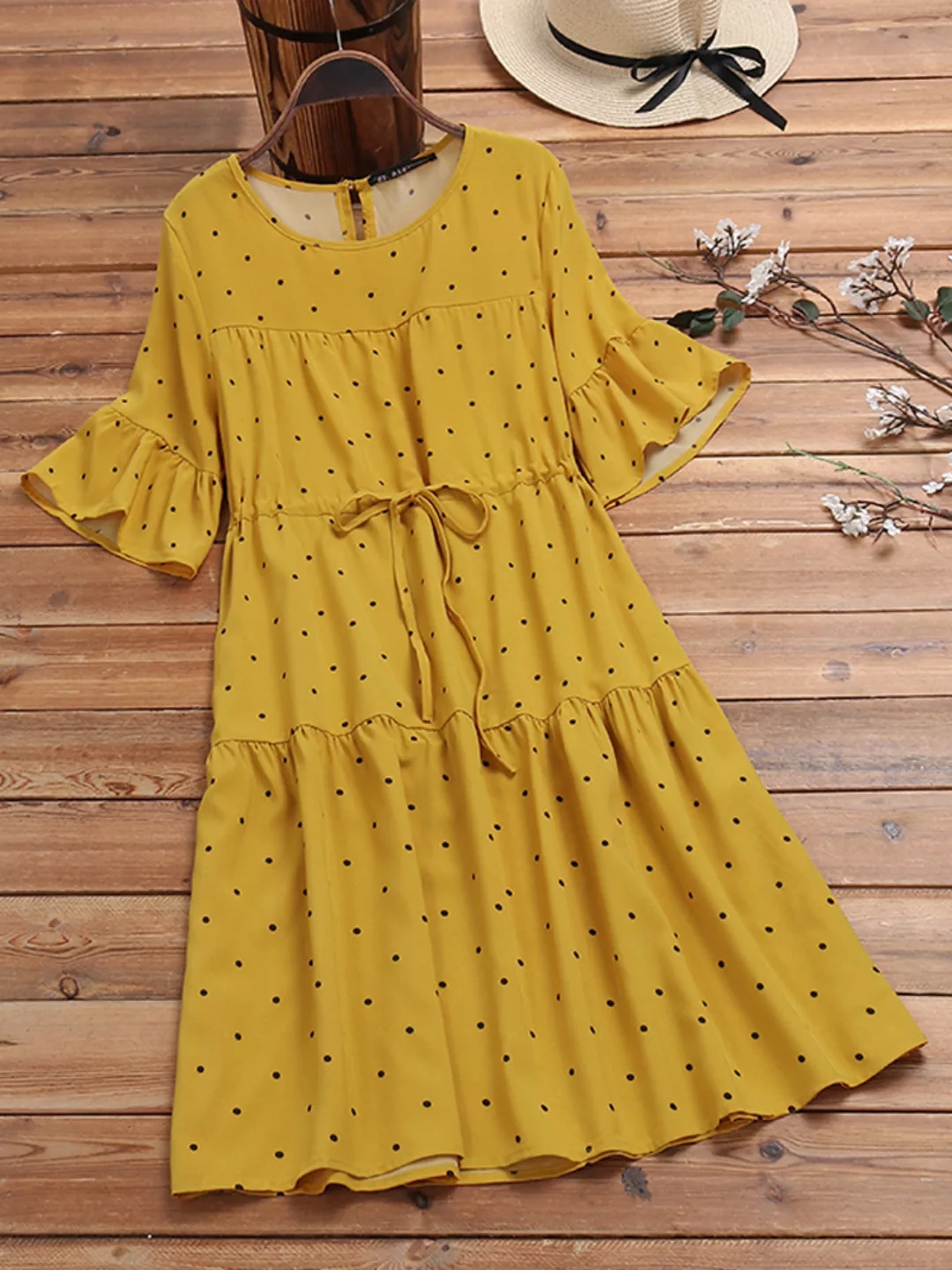 Polka Dot Print Elastic Waist Rüschenärmel Plus Größe Casual Kleid günstig online kaufen