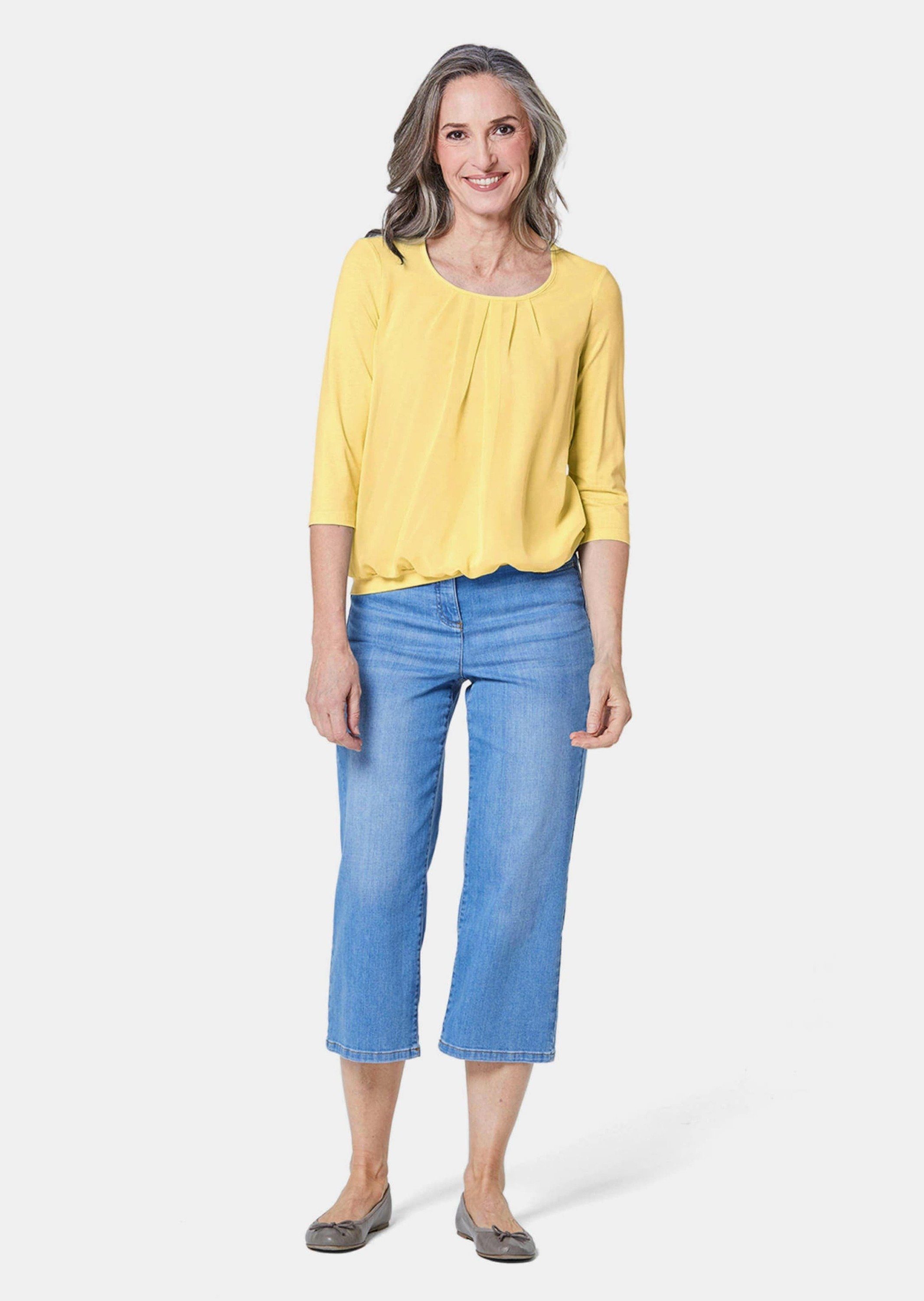 GOLDNER Kurzarmbluse Kurzgröße: Chiffon-Shirt gelb, Rundhals günstig online kaufen