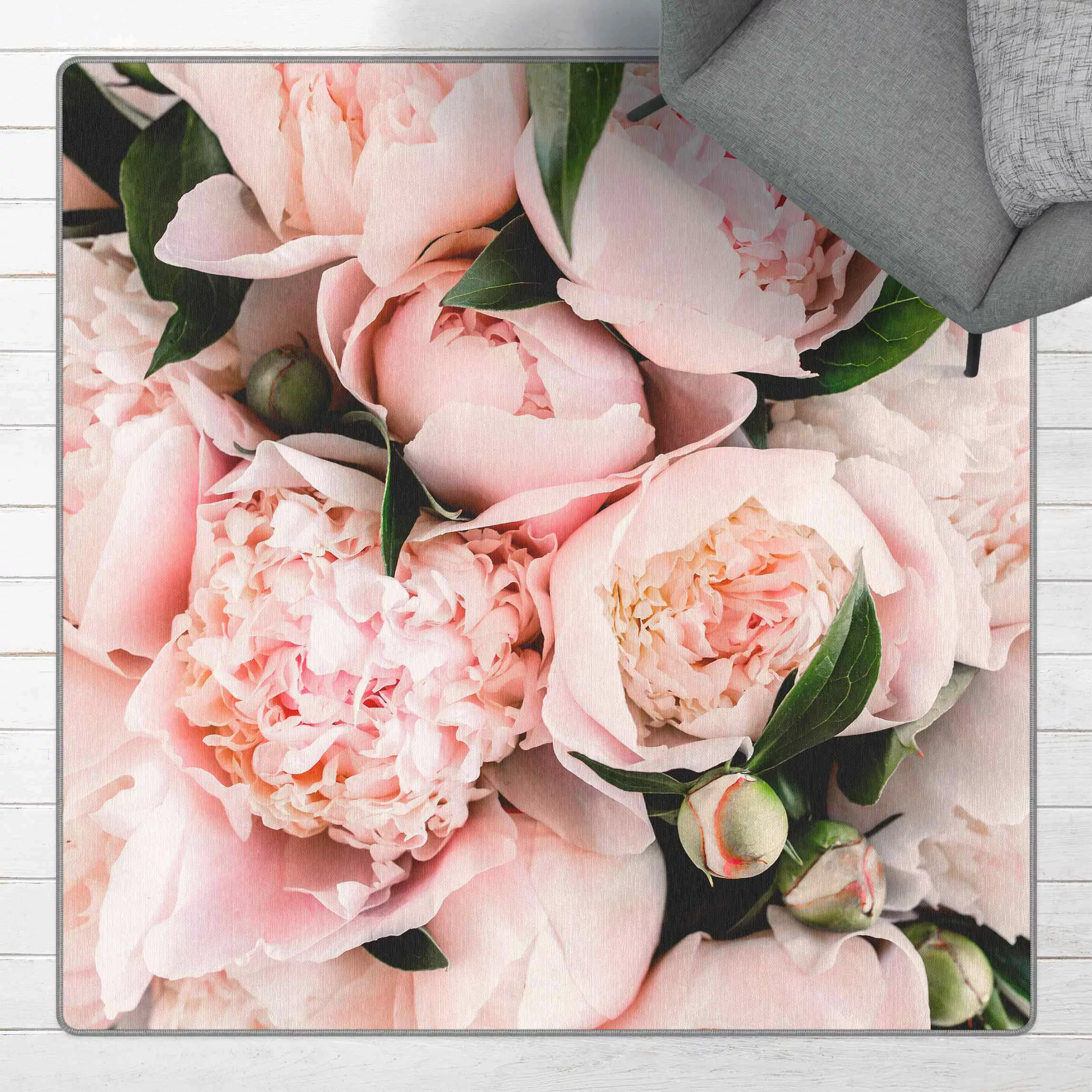 Teppich Rosa Pfingstrosen mit Blättern günstig online kaufen