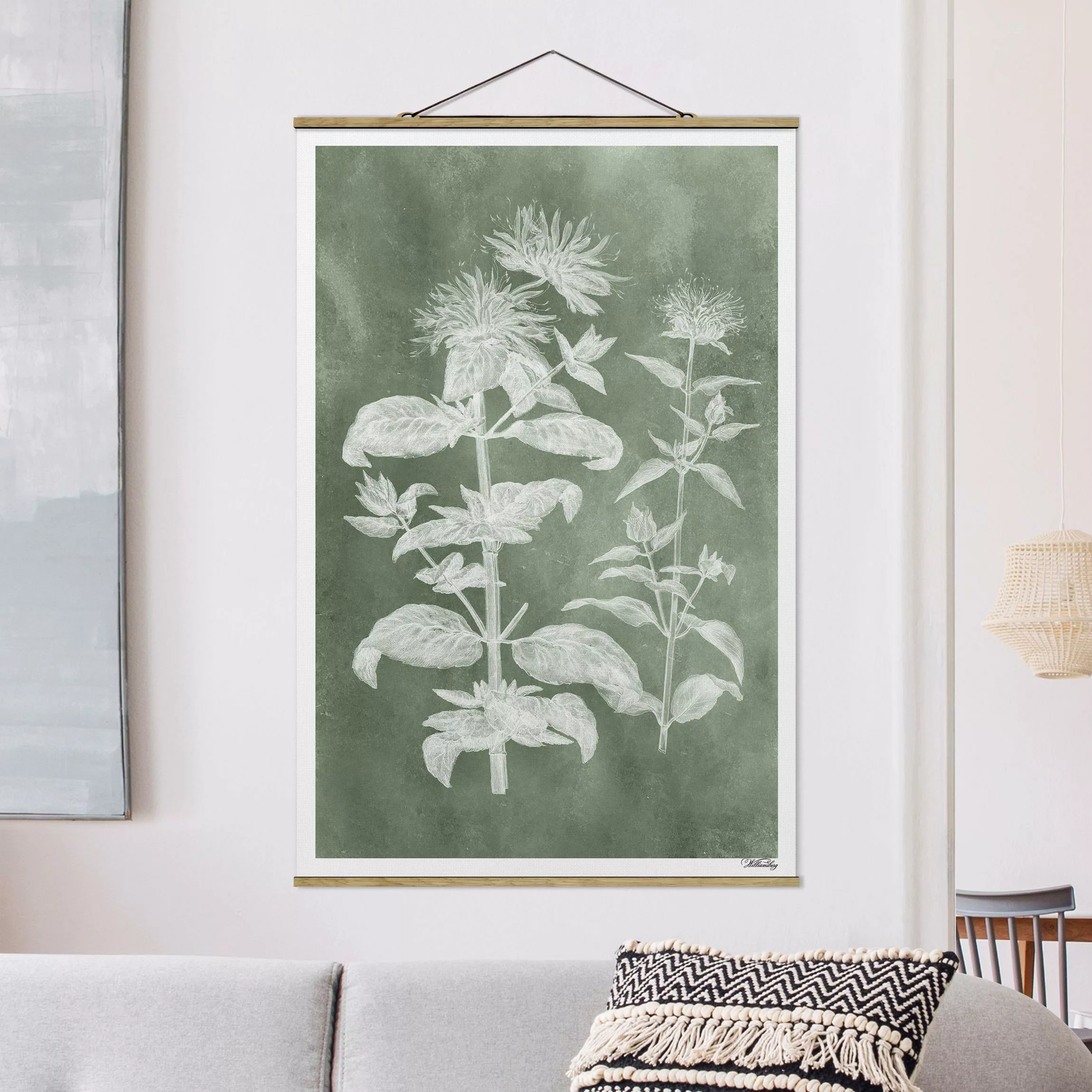 Stoffbild Blumen mit Posterleisten - Hochformat Vintage Illustration Salbei günstig online kaufen