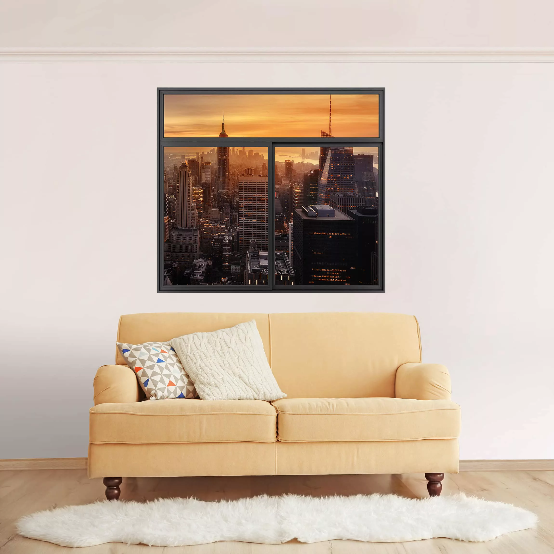 3D Wandtattoo Fenster Schwarz Manhattan Skyline Abendstimmung günstig online kaufen