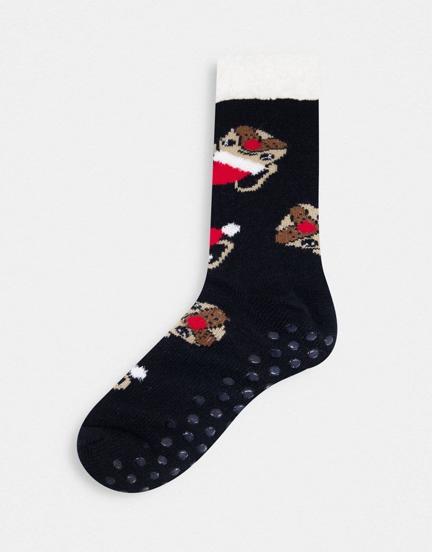 ASOS DESIGN – Hausschuhsocken mit weihnachtlichem Mops-Motiv-Schwarz günstig online kaufen