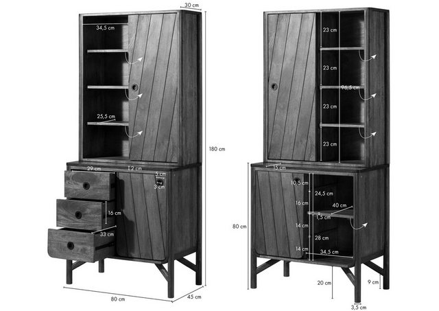 Massivmoebel24 Buffet Mango 80x45x180 braun geölt / schwarz LOS ANGELES #10 günstig online kaufen