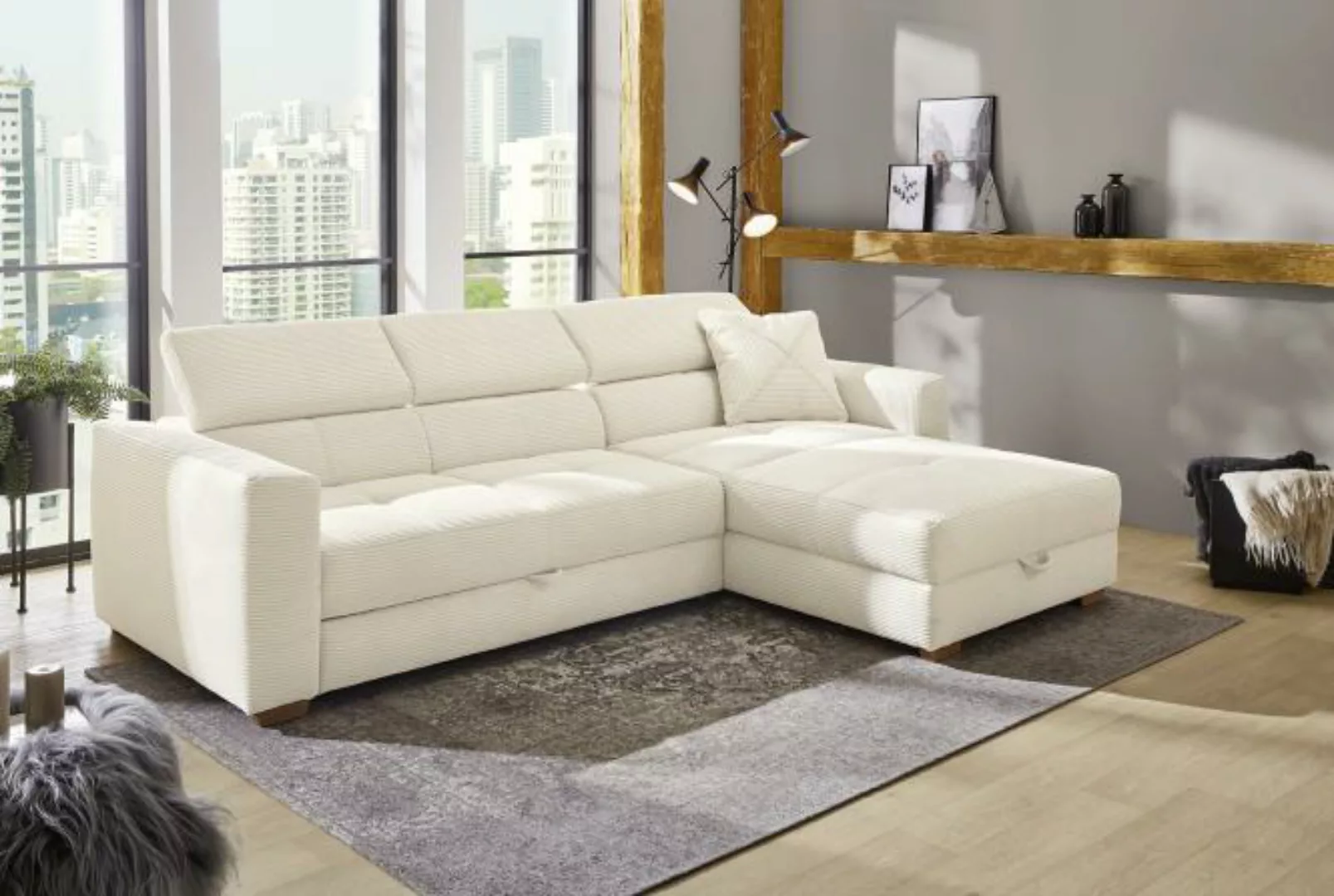 Ecksofa Cord Beige mit Schlaffunktion und Bettkasten 198 x 298 cm SAN REMO günstig online kaufen