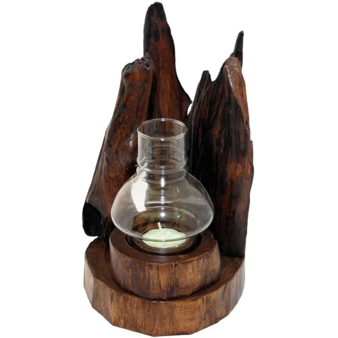 Teelichthalter Glaslampe Holz Wurzel Innen Außen Windlicht Antik 30cm günstig online kaufen