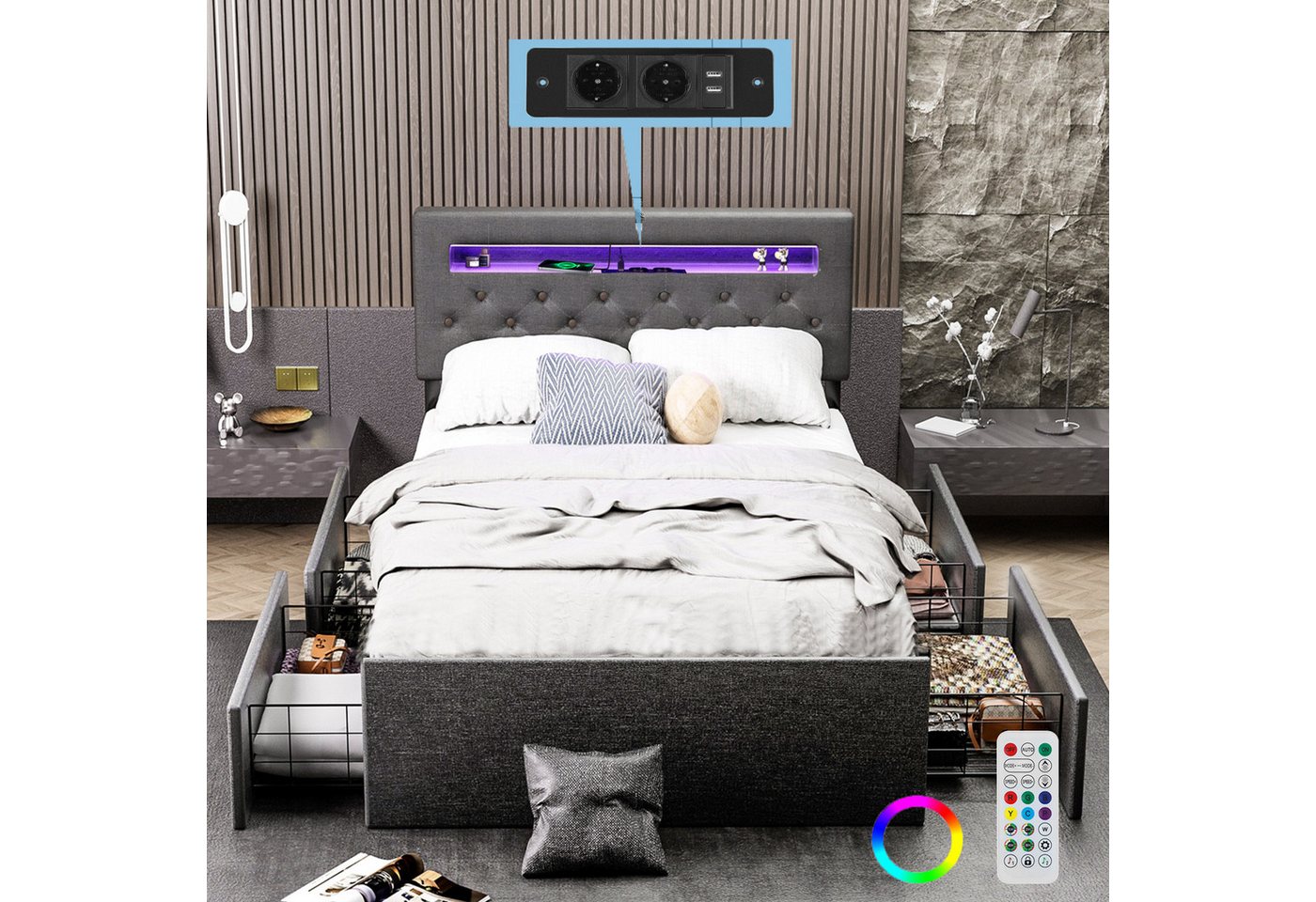 oyajia Polsterbett Doppelbett 140x200cm, ausziehbare Schubladen, LED-Licht günstig online kaufen