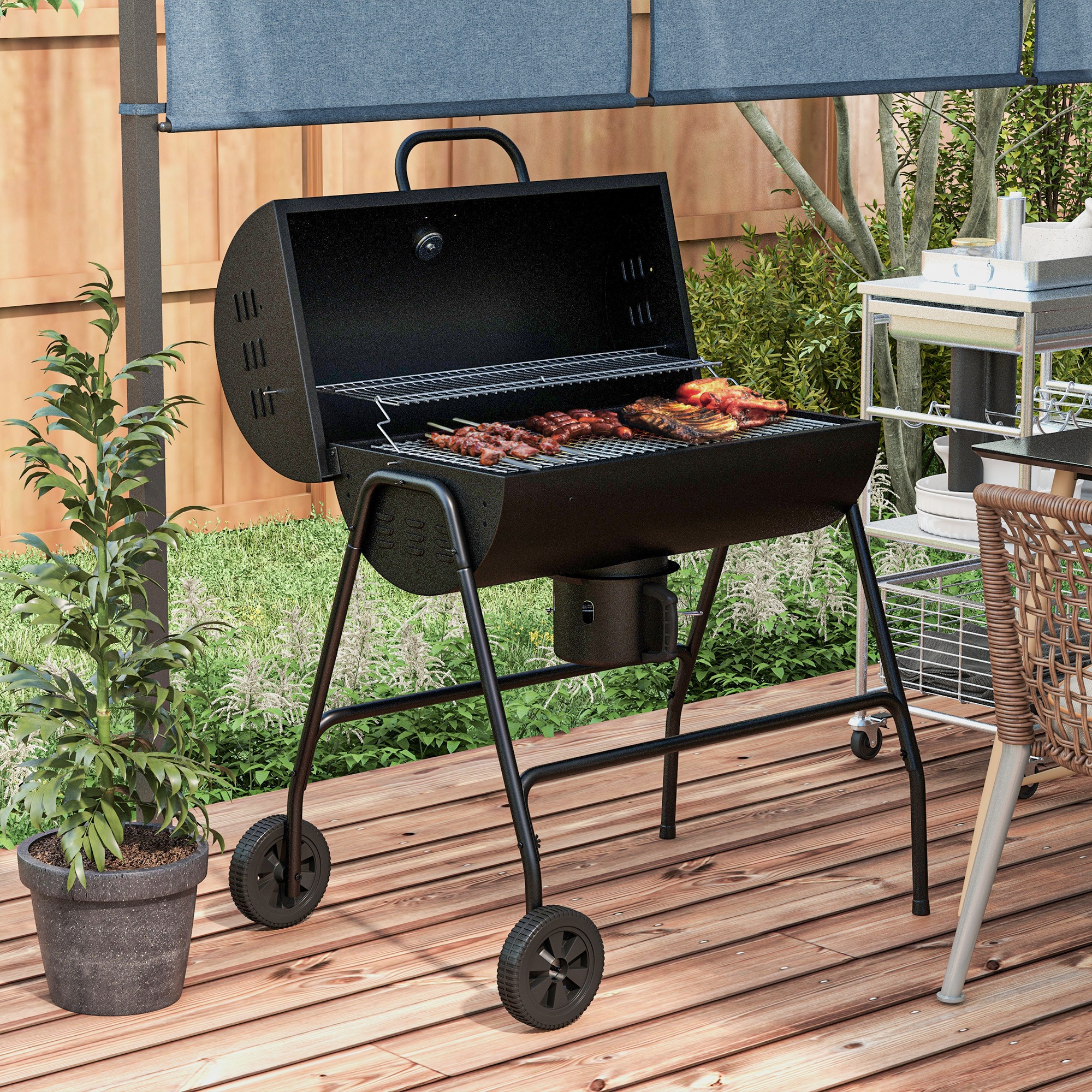 Outsunny Holzkohlegrill aus Metall BBQ Smoker mit Deckel Thermometer Räder günstig online kaufen